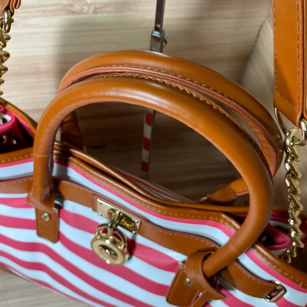 Michael Kors Hamilton Red/White Striped Canvas Leather Large Tote Purs